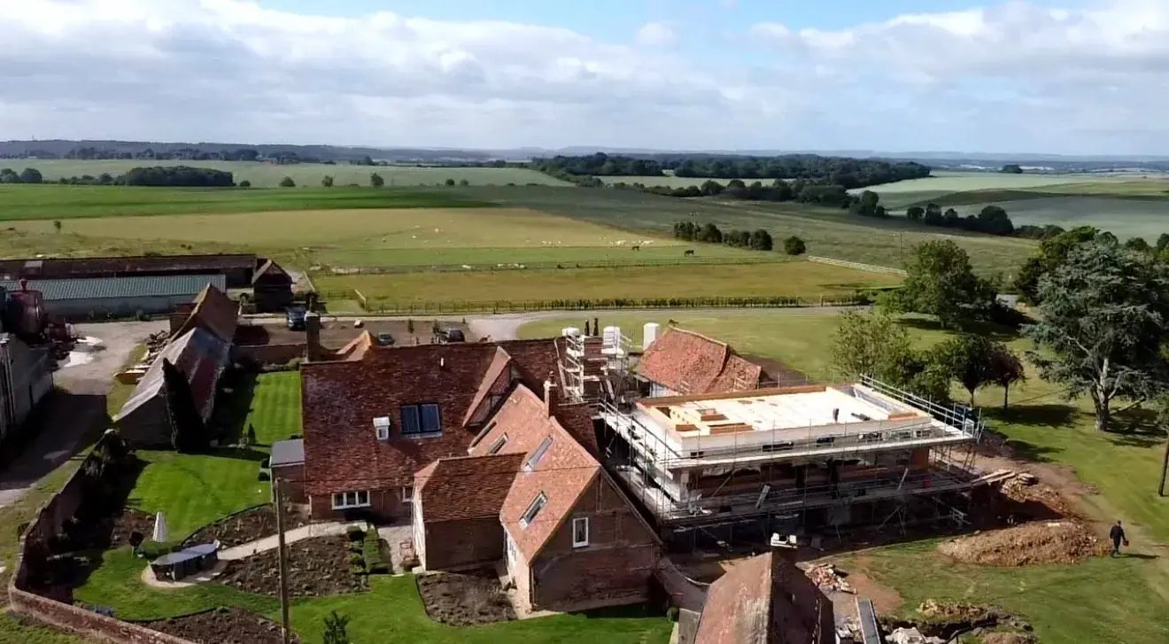 Aerial view of a flat roof on a family home